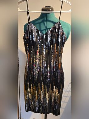 Vintage JoAnn Abrizio Just Eve Black, Gold, and Silver Sequin Slip Dress Sz 4